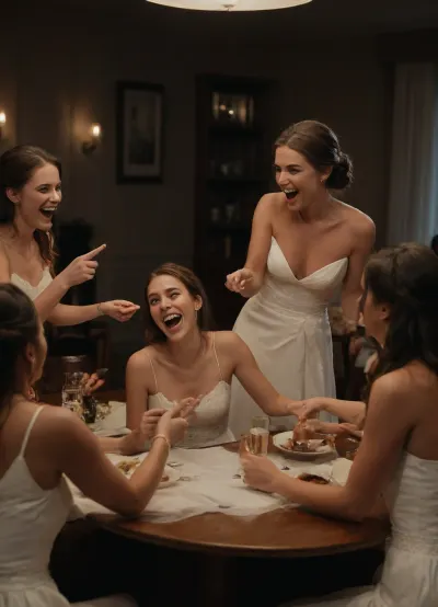 A wedding reception scene, a bride in a white wedding gown sitting with her group of girls friends at a table, (((all of them laughing mockingly and pointing at the groom standing nearby, the groom visibly embarrassed and humiliated))), (((the bride holding a small object like a tiny ring or toy to symbolize her ridicule))), a cruel and teasing atmosphere, elegant wedding decor with a dark and cinematic lighting, highly detailed, emotional and provocative