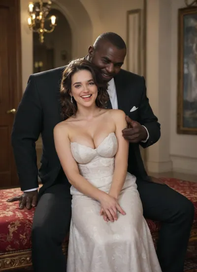 A wedding scene, (a super busty Persian bride in a white wedding gown), ((sitting on the lap of a dominant black skin brute man in a dark suit)), laughing and pointing mockingly at the groom in a tuxedo standing nearby, interracial, (the groom with his head down in shame), a luxurious wedding venue with elegant decor, intimate and humiliating atmosphere, cinematic lighting, highly detailed, provocative and emotional