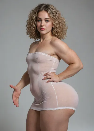 beautiful plump muscular curvy 40 year old blonde woman posing, big woman, tall fat super muscular woman, flat chest, wearing supertight stretched dress, seethrough buttcrack, oversized rounded butt, wavy curly blond hair, bare legs, dark blank background, good hands, perfect fingers, (grabbing her own gigantic plump butt), (muscular body), super plump athletic, thick muscular thighs, ((super rounded butt)), gigantic curvy butt, buttcrack
