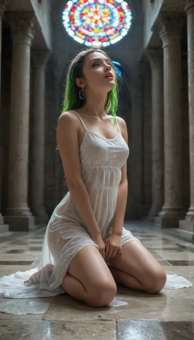 A surreal and artistic scene in a ruined temple with broken columns and colorful stained glass lighting, a submissive woman in a flowing white dress kneeling on the ground, her hands chained to the floor, a waterfall of sticky white slime pouring over her, covering her body and pooling around her, the slime glowing softly, the woman with a humiliated and surrendered expression looking up, a BNWO flag hanging on a column in the background, vibrant colors with neon whites and deep purples, highly detailed, anime-style shading, cinematic and symbolic lighting, intense and humiliating atmosphere, Pony Diffusion aesthetic
