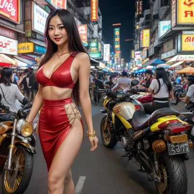 A slim, young Thai woman walks down a bustling Bangkok street, dressed in a chic, fitted Very low V cut fitted red with gold trim dress that shows her with her large buxom 38DD breast, that complements her graceful figure. She has long, dark hair and an inviting smile as she navigates the lively urban scene. The camera captures her full-body view, head to toe, with her large buxom 38DD.figure. She has long, as she passes by colorful market stalls, street food vendors, and the iconic energy of Bangkok’s city streets. The backdrop is filled with neon signs, motorbikes, and the buzz of city life, creating an authentic Bangkok atmosphere around her poised