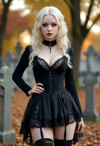 Young girl voluptuous woman very Big breasts 18 years old schoolgirl, Beshine, albino skin, extremely pale skin, veins showing through skin, outside, cemetery park, black roses all around, sunset, autumn leaves, realistic lighting, regal Black hunting dress with purple lace trim and silver adornment, mischievous smile at camera, long black wavy hair, dark makeup, extreme cleavage, hanging viewer a small black vial, Gothic style, art, fantasy, drawing in the style of realistic anime, dark, Gothic, high, heels, sexy, heel, 15, cm, boots, <lora:398313_training_data:.8>, <lora:MJ52:1.5>