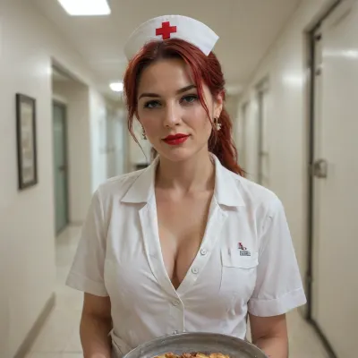 (1girl), named Ainsley, (Swedish milf:1.2), (smooth long ponytail:1.1), (bright-red hair:1.1), (sharp facial features:1), well-built, medium breasts, normal waist, red lipstick, dark eyeshadow, white nurse uniform with buttons, white nurse cap, cleavage, (collarbone:.9), A solo woman in a hospital hallway, carry serving tray with food, portrait, dynamic view, working, distracted, score_9, score_8_up, score_7_up, UHD 8K, masterpiece, best quality, maximum details, natural light, extreme realism, cinematic still, detailxl