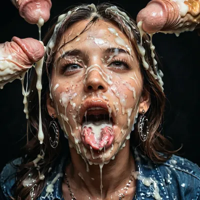 (detail 40 yo milf face), realistic cum, (cum on clothes), cum on, (Cum flows:1.5), (cum on body), cum on hair, (cum on face), bukkake, ((Clothes and body covered with semen)), (mouth wide open:1.4), (mouth filled with cum:1.5), beautiful face, (cum on hair:1.3), young adult woman