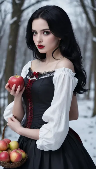 very beautiful Snow White, shoulder-length black hair, dark makeup, smirk, offers an apple, Gothic style, art, fantasy, drawing in the style of realistic anime, dark, Gothic
