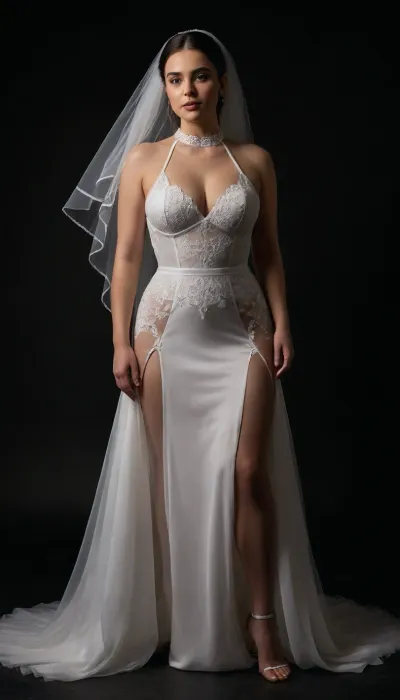 Persian Curvy busty Bride, nice cleavage, Design a modern wedding dress for a woman, featuring a bold and elegant upper part exactly like this, a sleeveless halter-style top made of glossy white satin with a crisscross neckline that ties at the neck, structured cups with underbust cutouts, and a sheer corset-style midsection with white boning and subtle floral embroidery, extending just above the waist. The lower part of the dress is a multi-layered tulle skirt with a modern, voluminous silhouette, starting from the waist and flowing to the floor with a short train, (approximately 50 cm), . The tulle skirt is adorned with delicate, sparse floral embroidery and has soft, wavy edges. The dress includes a long bridal veil, (reaching the waist), made of sheer tulle with floral-embroidered edges, draped over the shoulders. The overall color is pure white, combining glossy satin, sheer mesh, and lightweight tulle. The dress should exude a blend of modern boldness and classic bridal elegance, perfect for an unconventional wedding. The setting is a minimal, dark photography studio with a sleek black background, soft spotlighting to highlight the dress’s details, and a smooth, reflective floor for a dramatic effect., underb00bhalter, bikini, swimsuit, plump, skindentation, chubby, bbw, venus, body, big, breasts, ass, <lora:triangle-bikini-XL-000006:2>, <lora:Chubby BBW - XL:.6>