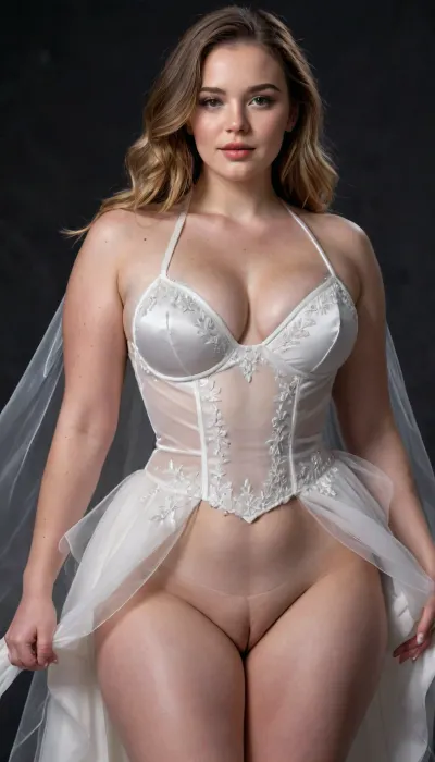 close up image, Design a modern wedding dress for a woman, featuring a bold and elegant upper part exactly like this, a sleeveless halter-style top made of glossy white satin with a crisscross neckline that ties at the neck, structured cups with underbust cutouts, and a sheer corset-style midsection with white boning and subtle floral embroidery, extending just above the waist. The lower part of the dress is a multi-layered tulle skirt with a modern, voluminous silhouette, starting from the waist and flowing to the floor with a short train, (approximately 50 cm), . The tulle skirt is adorned with delicate, sparse floral embroidery and has soft, wavy edges. The dress includes a long bridal veil, (reaching the waist), made of sheer tulle with floral-embroidered edges, draped over the shoulders. The overall color is pure white, combining glossy satin, sheer mesh, and lightweight tulle. The dress should exude a blend of modern boldness and classic bridal elegance, perfect for an unconventional wedding. The setting is a minimal, dark photography studio with a sleek black background, soft spotlighting to highlight the dress’s details, and a smooth, reflective floor for a dramatic effect., underb00bhalter, bikini, swimsuit, plump, skindentation, chubby, bbw, venus, body, big, breasts, ass, detailed, eyes, perfect, freckles, skin, texture, photorealistic, <lora:triangle-bikini-XL-000006:1.1>, <lora:Chubby BBW - XL:.7>, <lora:Super_Eye_Detailer_By_Stable_Yogi_SDPD0:.7>