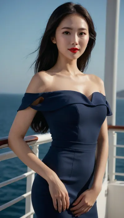A 25-year-old Korean woman, trophy wife, with long black hair, perfect skin, slim figure, large round, natural and perfectly shaped breasts, and slender limbs. She wears a navy blue off-shoulder evening dress with a fitted bodice and flowing skirt, accentuating her waist and bust. Her makeup is bold, red lipstick, contoured cheeks, and dramatic eyeliner. She poses on the deck of a luxury yacht, leaning forward slightly, hands resting on the railing, smiling confidently. The ocean sparkles in the background under a clear blue sky. Ultra-detailed, natural daylight, 8K resolution, realistic reflections.