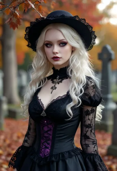Beshine, albino skin, extremely pale skin, veins showing through skin, outside, cemetery park, black roses all around, sunset, autumn leaves, realistic lighting, regal Black hunting dress with purple lace trim and silver adornment, mischievous smile at camera, long black wavy hair, dark makeup, extreme cleavage, hanging viewer a small black vial, Gothic style, art, fantasy, drawing in the style of realistic anime, dark, Gothic, high, heels, sexy, heel, 15, cm, boots, <lora:398313_training_data:.8>, <lora:MJ52:.8>