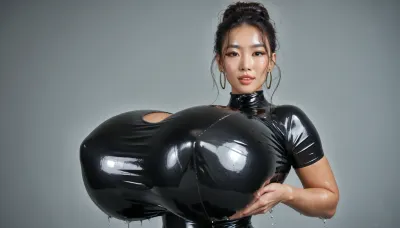 a 18-year-old woman, asian, in tight wet and oiled latex clothes, gigantic breasts, huge fake tits, big tights, bowl hair