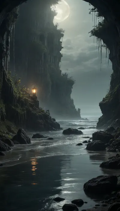 The scene is made on the ocean shore with vegetation in the style of dark fantasy-a dystopia with a very detailed and atmospheric environment. The world in the water is magically infected with glowing anomalies, perverted nature, and the remnants of vanished civilizations. The light is unnatural, casting eerie shadows. The art style combines elements of medieval fantasy.
