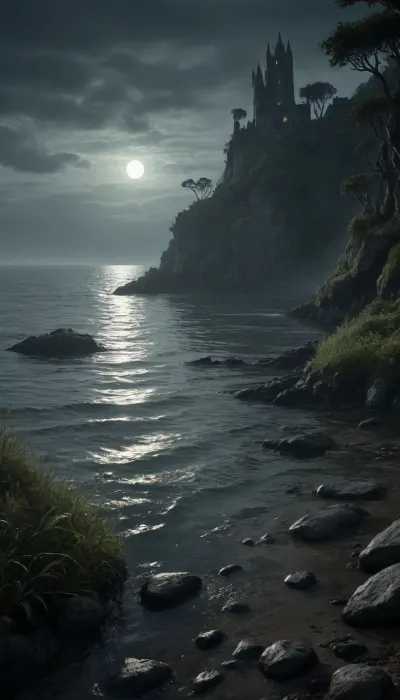 The scene is made on the ocean shore with vegetation in the style of dark fantasy-a dystopia with a very detailed and atmospheric environment. The world in the water is magically infected with glowing anomalies, perverted nature, and the remnants of vanished civilizations. The light is unnatural, casting eerie shadows. The art style combines elements of medieval fantasy.