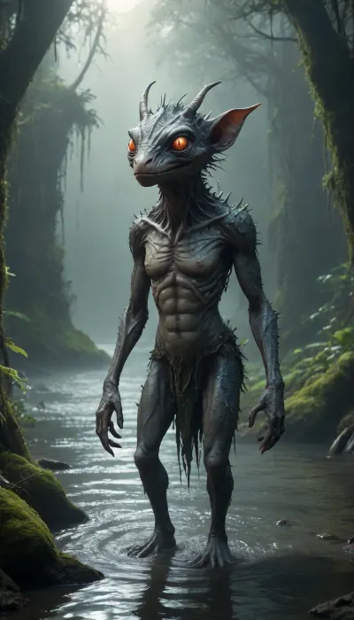 The scene is made on the ocean shore with vegetation in the style of dark fantasy-a dystopia with a very detailed and atmospheric environment. The world in the water is magically infected with glowing anomalies, perverted nature, and the remnants of vanished civilizations. The light is unnatural, casting eerie shadows . Creatures and characters \ \ mystical, hybrid, animal-like anthropomorphic creatures with dangerous or wild traits . The art style combines elements of medieval fantasy.