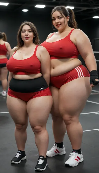 2 women, very chubby, very busty, (chubby, bbw:1.8), full red lips, heavy makeup, brunette hair, ponytail hair, erect nipples, mouth open, smiling, long red spandex shorts, red sports bra, fingerless gloves, tennis shoes, (gym background, black floor, black walls, gym fitness equipment, several women in background)