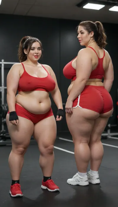 2 women, very chubby, very busty, (chubby, bbw:1.8), height difference between women, full red lips, heavy makeup, brunette hair, ponytail hair, erect nipples, mouth open, smiling, long red spandex shorts, red sports bra, fingerless gloves, tennis shoes, (gym background, black floor, black walls, gym fitness equipment, several women in background)