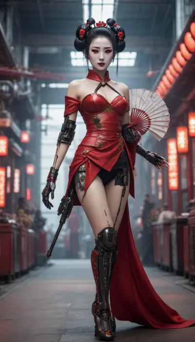 a cyber geisha standing in a futuristic tokyo, she is holding a mechanical hand fan, while drones in the shape of geisha hand fans flying, she has red eyes, and is wearing a human skin and geisha clothes off shoulder, a few wires are arising from her back, ((Robots and drones in the background))