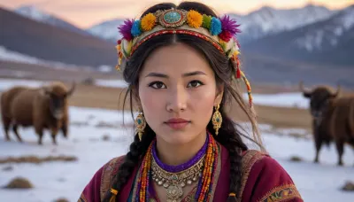 A beautiful slender adult Bhutanese woman in traditional clothing and jewelry with a colorfully decorated yak across a snow-covered pasture plateau, She has a pretty coquettish faded face, elaborate hairstyle, small breasts, detailed crystal eyes, light glowing irises, heartshaped lips, lip gloss, aroused skin, she exhales, dramatic sunset, long shadows, dreamy mood, detailed photo, photorealistic photo, realistic pretty women photo, night vision, soft fokus, parallax, overexposure, #©KITTYART



































#©KITTYART