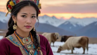A beautiful slender adult Bhutanese woman in traditional clothing and jewelry with a colorfully decorated yak across a snow-covered pasture plateau, She has a pretty coquettish faded face, elaborate hairstyle, small breasts, detailed crystal eyes, light glowing irises, heartshaped lips, lip gloss, aroused skin, she exhales, dramatic sunset, long shadows, dreamy mood, detailed photo, photorealistic photo, realistic pretty women photo, night vision, soft fokus, overexposure, #©KITTYART



































#©KITTYART