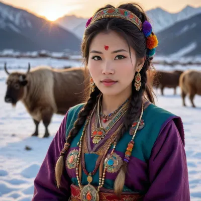 A beautiful slender adult Bhutanese woman in traditional clothing and jewelry with a colorfully decorated yak across a snow-covered pasture plateau, She has a pretty coquettish faded face, elaborate hairstyle, small breasts, detailed crystal eyes, light glowing irises, heartshaped lips, lip gloss, aroused skin, she exhales, dramatic sunset, long shadows, dreamy mood, detailed photo, photorealistic photo, realistic pretty women photo, night vision, soft fokus, parallax, overexposure, #©KITTYART



































#©KITTYART