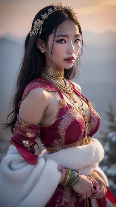 A beautiful slender adult Bhutanese woman in traditional colorfully decorated clothing and jewelry across a snow-covered pasture plateau, She has a pretty coquettish faded face, elaborate hairstyle, small breasts, detailed crystal eyes, light glowing irises, heartshaped lips, lip gloss, aroused skin, she exhales, sunset, long shadows, fog, snow, dreamy mood, detailed photo, photorealistic photo, realistic pretty women photo, soft focus, worm´s-eye view from side, #©KITTYART










































#©KITTYART