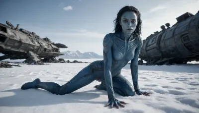 not human, halfnude blue skinned alien female in torn space jumpsuit crawling through the snow, wrecked, wounded, helpless, her broken wrecked space ship in background