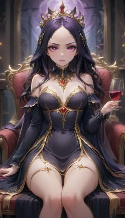 (1 evil elf girl queen sitting on her throne at night holding a glass of red wine:1.2), (evil expression:2), (small head), (golden elven crown:1.3), black veil over face, (close up shot), (front view), pale skin, (thin sexy face), black hair, (long straight hair:1.2), (long gold trimmed royal black dress:1.8), (thigh high boots), (fully dressed:1.8), very long thick eyelashes, white eyes, (sexy petite body), sexy medium breasts, (thin legs), (small eyes:1.4), perfect face, gothic elven castle at night, purple moon, staekinglight, pcpcpc, <lora:nai3animation_v2.6.1-000100:2>, <lora:842553_training_data:.8>