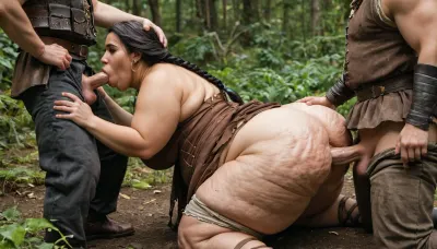 extreme fat, obese, fattened, cellulite, chubby, double chin face, inuit melanin ssbbw princess Pocahontas, with torn native-american brown dress, 2 long black braids, gangbang blowjob, pussy, groped and fucked by medieval soldiers in armor pants down, in the forest, <lora:Cine Princesses:.5>