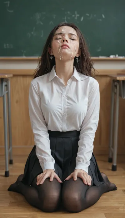 Look a viewer, cum on face, head back, closed eyes, frown, kneeling, embarassed, Black pantyhose, classroom background, (Comfyui with controlnet), Model, white collared shirt, pleated black skirt