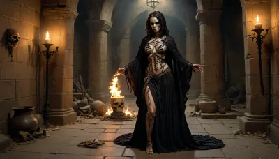 A dramatic, digitally enhanced image, 3/4 body view, pin-up style, A female skeletal figure, dressed in a dark, flowing robe, stands in a dimly lit, stone-walled chamber. The robe drapes around the figure, extending to the floor. The figure holds two ornate staffs, and the light from numerous flames illuminates the scene. The flames are intense, orange-yellow, and flicker around pillars and a collection of lit candles. A skull rests beside a small, dark metal vessel, adding to the ominous and otherworldly atmosphere. The floor is a dark, rough-textured surface, and the walls are a muted, stone-gray color. The overall impression is one of a dark, medieval or fantasy setting, with a strong emphasis on death and the unknown., CCDWR, <lora:hinaMaybeBetterPoseXL_v5-NoobAI:.8>, <lora:LORA_CCDWR:.8>, <lora:FLUX mimic - XL - SDXL v4.0:.8>