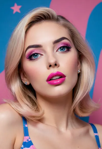 The image is a popart illustration of a adult beautiful woman. She has a fair complexion and her hair is styled in a sleek, straight look. Her eyes are a deep blue color and her eyebrows are a lighter shade of blue. She is wearing a pair of pink lipstick and her lips are painted a soft pink. text, playful font, icons, star, heart, barcode, The overall color scheme is bright and vibrant, with shades of pink, purple, and blue. long shadows, dreamy mood, distorted perspective, worm´s-eye view, #©KITTYART