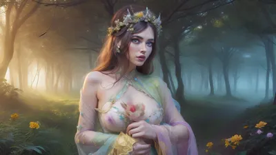 a fullbody retrofuturism watercolor illustration of a adult beautiful woman with flowery crown in a forest clearing, holding, fine lines, complex, complicated, She has a pretty coquettish faded face, elaborate hairstyle, small breasts, detailed crystal eyes, light glowing irises, heartshaped lips, lip gloss, aroused skin, dramatic sunset, long shadows, fog, fairytale atmosphere, rainessance, snti alias, #©KITTYART



































#©KITTYART