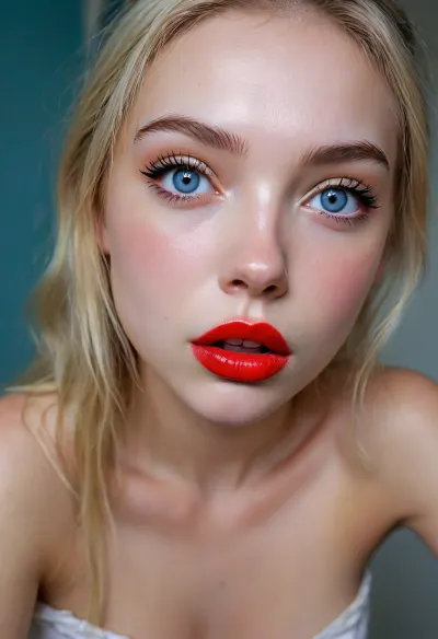 Nordic beauty in the toilet: lustful smile, heavy makeup, and steamy piss scene