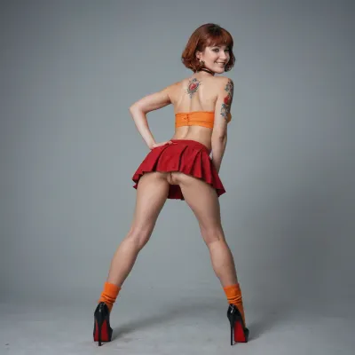 20 year old girl, American, Beautiful, Velma cosplay, innocent looking, smiling, looking at the camera, red hair, orange roll neck top pulled up to show breasts, short hair, perfect small breasts, long legs, athletic, legs spread wide open, vagina wide open, pubic hair, tattoos, high heels, orange ankle socks, red skirt, choker, standing up, looking back, leaning forward, rear view, in ca afe, masterpiece, photo realistic, best quality, full color