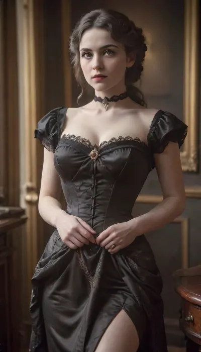 sultry aristocrat model, the! most! beautiful!, pinup, intricate dress, victorianstyle, 1880s, gothic revival style, RAW photo, analogue style, depth of field, photography by Natalia Drepina, ral-melting, skirtlift, <lora:victoriansxl_v1:.6>, <lora:ral-melting-sdxl:.8>, <lora:skirtlift_xl:.5>