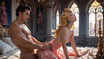 (score_9, score_8_up, score_7_up, UHD 8K, masterpiece, best quality, maximum details, ight time, low lighting, dark night, extreme realism, (cute 19 years old Princess Peach), (palace bedroom), (petite and small body), orgasm, moaning happily, head tilted backwards, (blue eyes), (topless), (wearing a nightgown), having sex, (large and tall muscular man), big penis, (rugged hands), (moaning), (grabbing another's waist), brutally fucking her, hard sex)