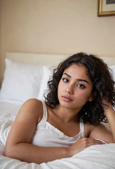 (candid realistic bedroom photo:1.4), (just waking up in the morning:1.4), (soft morning light), (photorealistic dark sweaty skin:1.3), beautiful charming, (Egyptian Nepali:1.3), woman, lying in bed, (big black wide-set eyes:1.2), (natural petite figure), (messy voluminous curly black hair), (white cotton chemise:1.2), round face, strong jawline, (perfect sleepy expression:1.3), skin, blemish, detailed, <lora:polyhedron_all_sdxl-000004:.8>