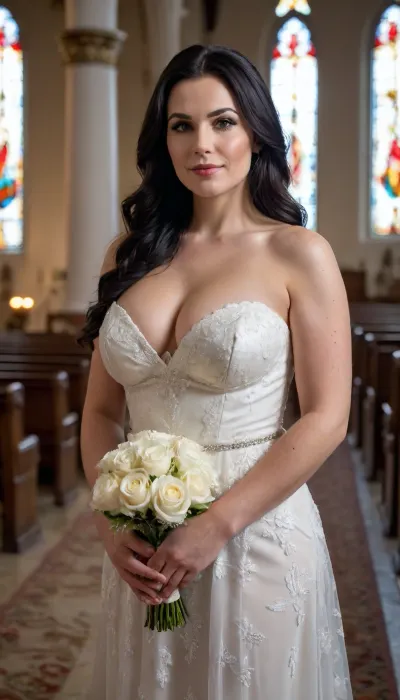 A 45-year-old woman, long black hair, large rounded tits, voluptuous hourglass figure, defined waist, full bust, and rounded hips, seductive milf face. Her White skin with a medium tone, smooth and realistic with fine pores, faint freckles, and subtle imperfections. Fully naked, Inside a vibrant church during someone’s wedding ceremony in the morning, she stands exuding sensuality among joyful guests. Hyper-realistic natural daylight and elegant floral decorations cast soft shadows, illuminating stained glass windows, ornate altars, and festive wedding elements. The bright lighting enhances her features, with sharp ceremonial details, detailed wedding attire, and a romantic atmosphere creating a glamorous, Instagram-worthy wedding vibe. Full body view, Captured with a Nikon D850, 50mm lens at f/8 for balanced depth of field, sharp focus throughout, 1/250s shutter speed, ISO 100, 45.7MP 8K RAW, ultra-detailed textures, realistic skin tones with subtle imperfections, vibrant natural colors, cinematic composition with professional street lighting, hyper-realistic rendering, and exceptional clarity for a professional full-body portrait.