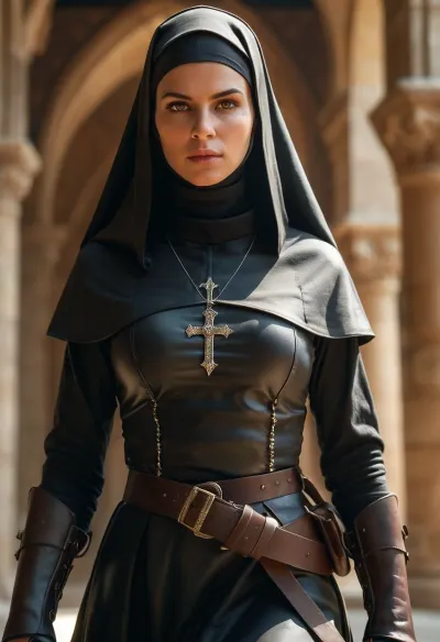 (medieval warrior nun), (armed and armored:1.1), boots, full body, ultra detailed, intricate details, (photorealistic:1.2), 8k, UHD, warm side light, contrast, sharp focus, (masterpiece:1.2), detailed eyes, beautiful eyes, detailed skin, detailed nipples, detailed breasts, realistic breasts, natural body, realistic skin, realistic eyes, action pose, random view angle, <lora:add-detail-xl:.8>, <lora:style_lora_realis:.8>, detailxl