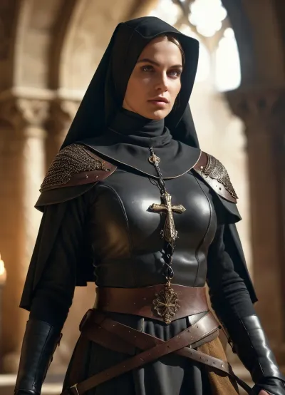 (medieval warrior nun), (armed and armored:1.1), boots, full body, ultra detailed, intricate details, (photorealistic:1.2), 8k, UHD, warm side light, contrast, sharp focus, (masterpiece:1.2), detailed eyes, beautiful eyes, detailed skin, detailed nipples, detailed breasts, realistic breasts, natural body, realistic skin, realistic eyes, action pose, random view angle, <lora:add-detail-xl:.8>, <lora:style_lora_realis:.8>, detailxl