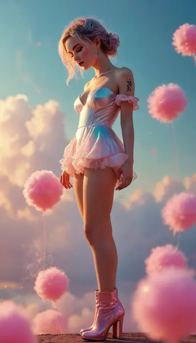 draw fulbody, a adult beautiful slender woman, She has a pretty coquettish faded face, heart painted on cheek, cotton candy, elaborate hairstyle, ((small boobs)), heartshaped lips, lip gloss, aroused skin, detailed, abstract style, smoke, in the sky, colorful and vibrant, pastel colors, mystical colors, contemporary, impressionism, iridescent perspective view, sweeping circling composition, non-representational, colors and shapes, expression of feelings, imaginative, dreamy mood, detailed photo, photorealistic photo, realistic pretty women photo, realistic, night vision, soft fokus, parallax, overexposure, illustration style, she kneels, high, heels, sexy, heel, 15, cm, boots, <lora:398313_training_data:.8>, <lora:MJ52:.8>, ChunLingerie, <lora:SDXL_ChunLingerieXL:.8>