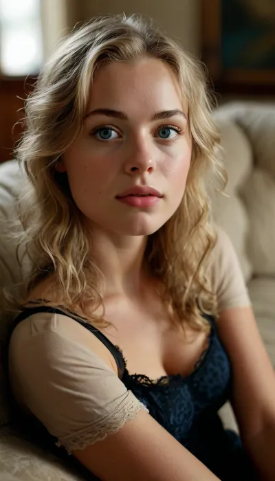 The subject depicted is a young woman with shoulder-length blond hair falling in soft waves. Her skin is fair and tanned. She has blue eyes, a straight nose, and full lips, revealing a neutral expression, neither smiling nor frowning. Her facial expression is rather calm and thoughtful. She is slender and sits relaxed but with an upright posture on a sofa.

She wears black stockings with lace trim at the top, gold high heels, and a short black skirt, also with black lace underwear underneath. Her clothing is simple but elegant. There are no other accessories visible., Gopn1k, squat, <lora:Gopn1k:.8>, <lora:MJ52:.8>, ChunLingerie, <lora:SDXL_ChunLingerieXL:.8>
