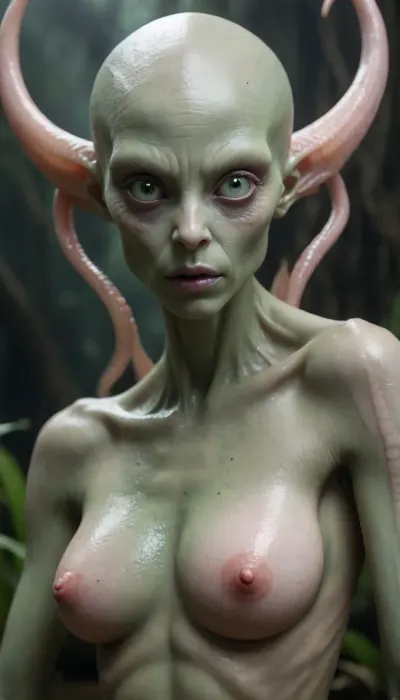 An alien woman, with lizard slit eye lids, golden iris, light pink and grey scaley skin.

No hair, bald, no eyebrows, with xenomorphic body with large alien sagging breasts and very large very pale green nipples.

Crawling though swamp land at night with moon high in the dark sky, She has large thick tenticles as legs and arms