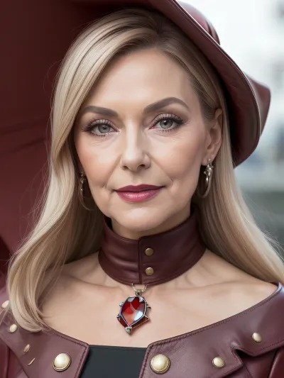 90-year-old Swiss upper class anchorwoman with elegant aura, she wears a fully buttoned designer rounded neck burgundy leather coat, skinny, small bust, and long black leather skirt, and conservative, extreme close-up, sharp focus, depth of field, 8k photo, HDR, professional lighting, taken with Canon EOS R5, 75mm lens, natural beauty