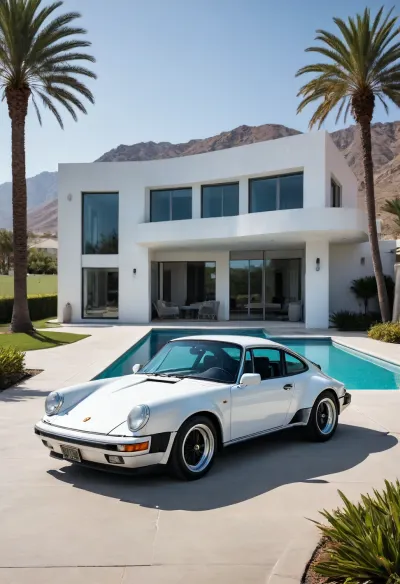 A white Porsche 911 930 TURBO sports car is parked on a paved area next to a swimming pool. The car is positioned slightly to the left of center, in profile view, facing the viewer. The car's dark-colored alloy wheels are a prominent feature. A palm tree is visible behind the car, situated slightly to the right of the car. A modern, minimalist, white house is in the background, with large windows reflecting the clear sky. The sky is a light, clear blue, and the sun is high, casting no harsh shadows. Mountains are in the far background, creating depth. The pool water is a vibrant turquoise color, reflecting the car and sky. The overall style is minimalist and luxurious, with a focus on clean lines and a serene atmosphere. The image has a high-quality aesthetic and a relaxed mood. The setting appears to be a modern, upscale residential area. The perspective is at ground level, looking slightly down at the car from above.