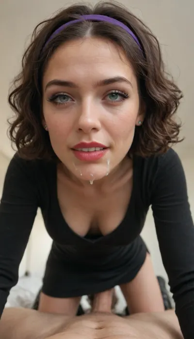 gorgeous milf, (skinny), black hair, (short hair:1.2), (wild hair), messy hair, curly hair, wrinkles, (narrow face:1.2), big eyes, (sharp nose), (sharp face features:1.2), wide mouth, wide jaw, wide cheekbones, large puffy lips, sly look, wicked smile, pov kissing, on all fours, (kneeling), sittiing, leaning forward, (view from below:1.2), girl on top, (face view:1.2), thigh-high-boots, black dress, wearing black bodycon mini dress, downblouse, cleavage, (long sleeve dress), (face close up:1.2), focus on face, (ideal anatomy), cuckold, legs apart, sexy makeup, cum dripping, (facial), (cum on face), (cum in mouth), sticky face, (sexy makeup:1.2), (red lipstick), black eyelines, (purple eyeshadows), femdom, clothed, cmnf, eye contact, (hairband), (headband)