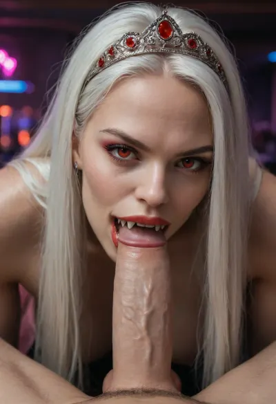 hyper detailed hyper realistic natural petite cutie, 18 years old beautiful vampire queen, (very muscular), nightclub, very detailed face, pale woman with white hair, Vampire Queen sucks penis, close up, red eyes, (((very long vampiric fangs:1.4))), luxurious tiara in the style of dark fantasy, symmetrical epic fantasy art, dark fantasy, purple lights, neon, colorful, high detail, impeccable image quality, ultrarealism, cockbiting, bitingshaft, vampirebiting, 1girl, penis, hetero, 1boy, fellatio, oral, solo, focus, pov, fangs, <lora:bjwithteethv4-10:.4>, <lora:MS_Real_POV_Blowjob:.3>, <lora:fangs:.1>, Dominant angry look