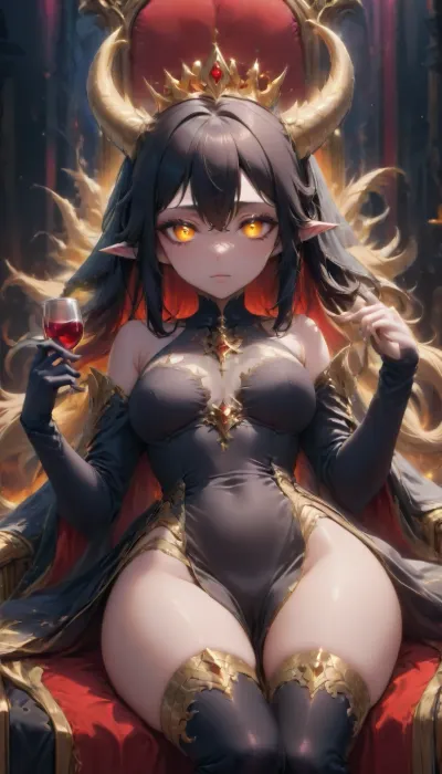 (1 evil elf woman queen laying on her throne at night holding a single glass of red wine:1.4), (sexy pose:1.8), (dark vibrant colors:1.8), (high resolution:2), long pointy ears, (evil expression:1.2), (small head:1.8), (golden elven crown with 2 golden horns and a black veil flowing from the horns:1.3), (black veil over face), (close up shot), (front view), pale skin, (thin sexy face), (black hair), (long straight hair:1.2), (long gold trimmed royal black dress:1.6), (thigh high boots:1.6), (fully dressed:2.8), very long thick eyelashes, white eyes, (thin petite body:1.6), sexy medium breasts, (thin legs:1.7), (small eyes:1.4), perfect face, gothic elven castle at night, purple moon, staekinglight, pcpcpc, <lora:Midjourney Image Enhancer XL v1:2>