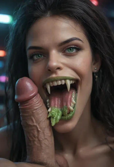 hyper detailed hyper realistic natural petite cutie, 18 years old beautiful vampire queen, (very muscular), nightclub, very detailed face, pale woman with dark hair, Vampire Queen sucks penis, close up, green eyes, (((very long vampiric fangs:1.6))), in the style of dark fantasy, symmetrical epic fantasy art, dark fantasy, purple lights, colorful, high detail, impeccable image quality, ultrarealism, cockbiting, bitingshaft, vampirebiting, 1girl, penis, hetero, 1boy, fellatio, oral, solo, focus, pov, fangs, <lora:bjwithteethv4-10:.4>, <lora:MS_Real_POV_Blowjob:.3>, <lora:fangs:.1>, Dominant angry look, (piercings:1.2)