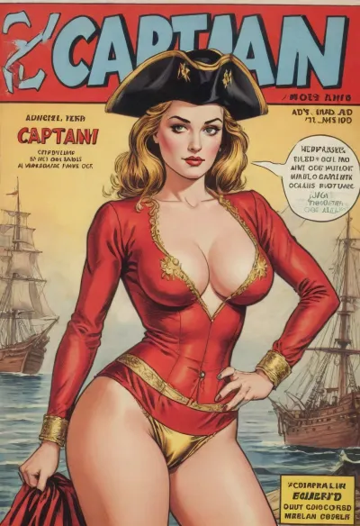 (single drawn woman:1.3), (illustration:1.3), (hand drawn:1.3), (comic book cover:1.3), (TITLE text, "Captain":1.4), (pirat woman:1.2), vintage 17th century woman 30yo in red justocore with gold braid, a cocked hat And in black panties, <lora:iltromba_artwork_style_smm_SDXL_LORA_v07:.5>, <lora:text:1.1>