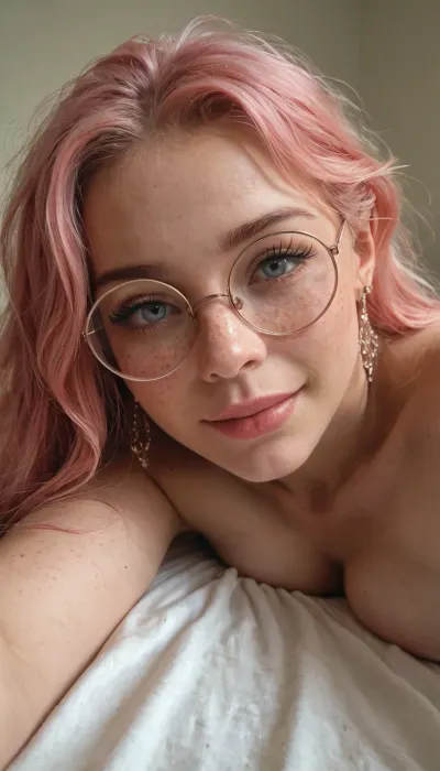 masterpiece, award winning photo, detailed face, realism, passion, lust, ultra realism, UHD 8K, extreme realism, maximum detail, best quality, detailed eyes, stunning, horny, fairy like girl, pink hair, round glasses, pale skin, freckles, a little smile, <lora:Midjourney Image Enhancer XL v1:.8>, selfie, lying on stomach, top rear view